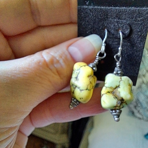 Rare Lime Green Chunky Spiderweb Turquoise Native American Navajo Silver Earring - Picture 2 of 10